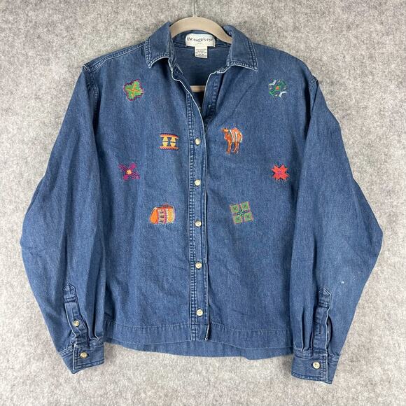 Eagles Eye Tops - Vintage The Eagles Eye Embroidered Top Womens Medium Blue Denim Tribal Aztec 90s